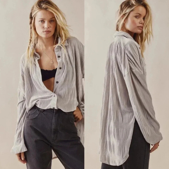 New Free People My Best Top Velvet Long Sleeve Button Down Shirt Chrome Grey - Picture 1 of 15